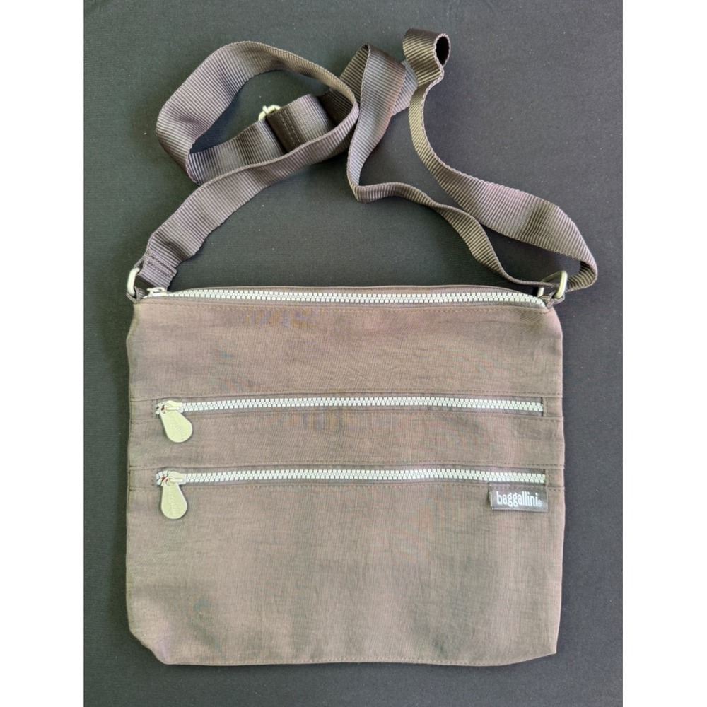 Baggallini Brown Gray Nylon Travel Crossbody Bag/Purse Multiple Zippers Utility